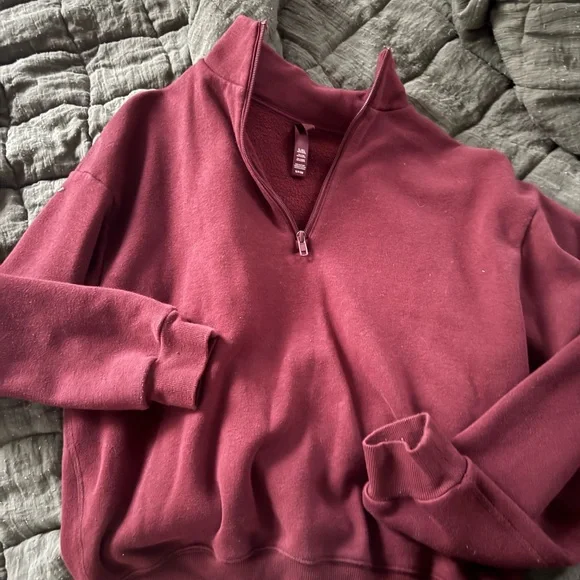Skims Cotton Fleece Classic Half Zip Pullover Hoodie Oxblood Burgundy - Picture 3 of 5